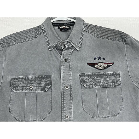 Harley Davidson Shirt Mens M Gray Short Sleeve Button Up Biker Motorcycle Shop - Picture 3 of 11